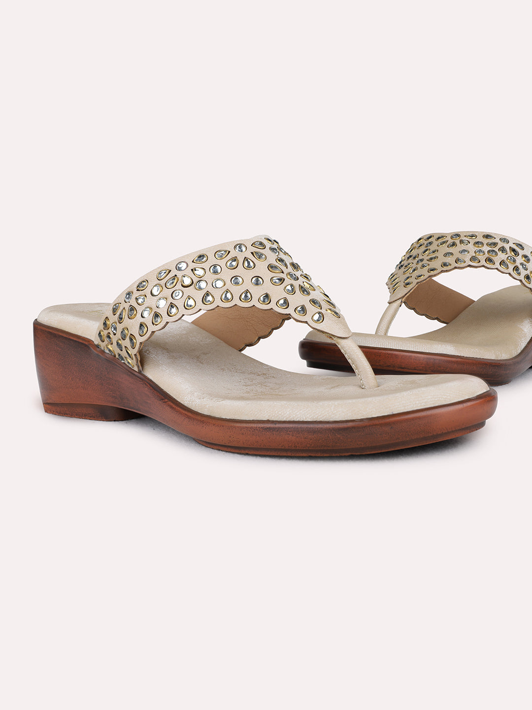 Womens Golden Ethnic Embellished Wedge Heel Sandals
