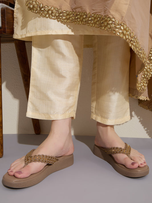 Womens Golden Casual Embellished Round Toe Platform Heels