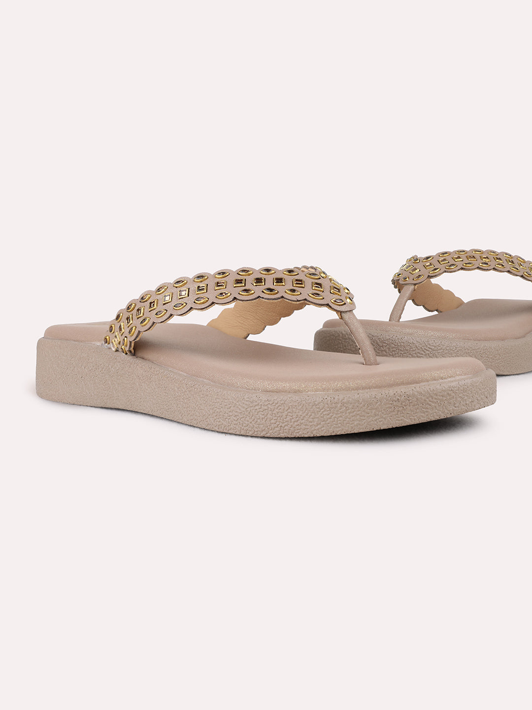 Womens Golden Casual Embellished T-Strap Flat Sandals