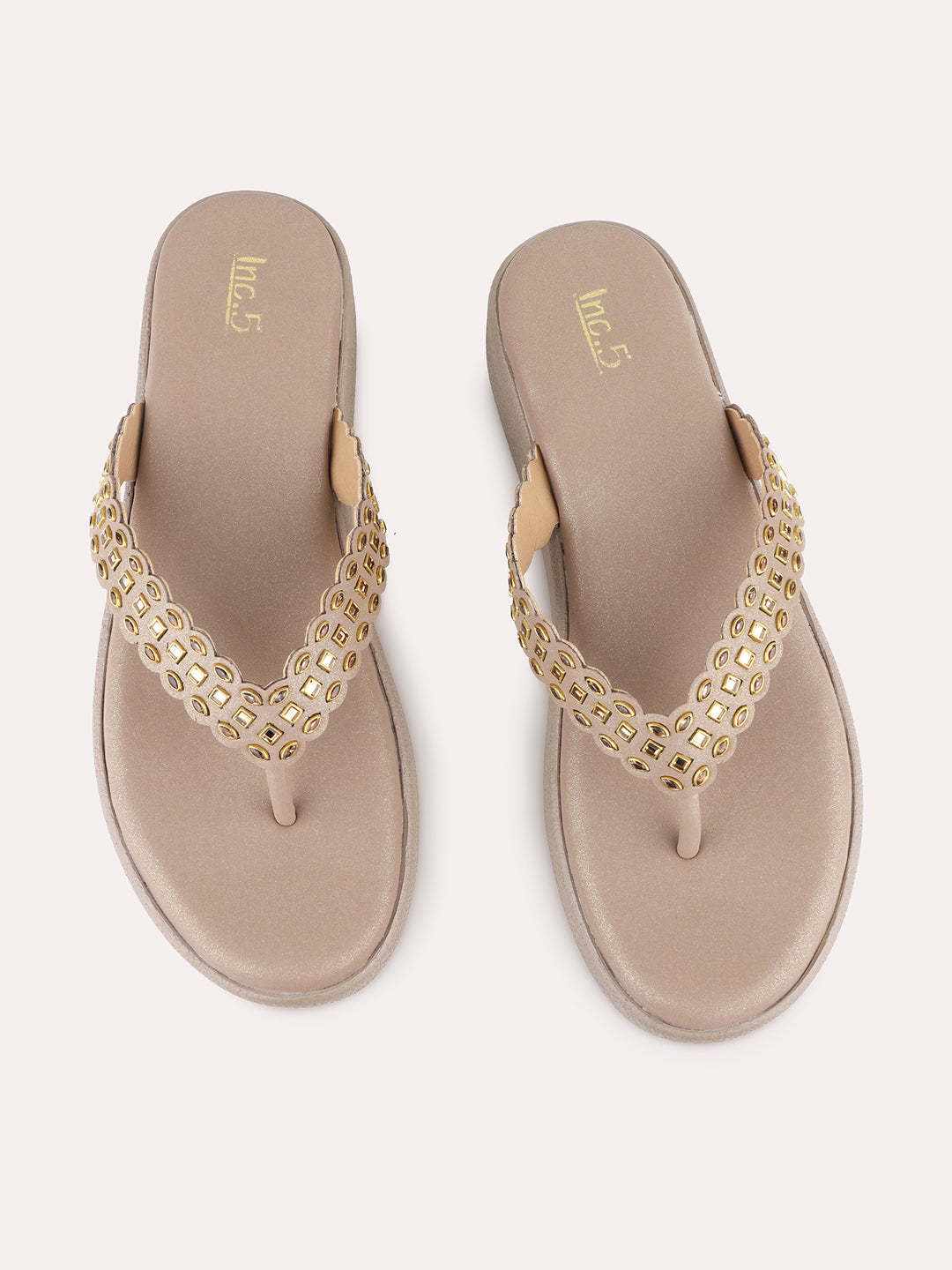 Womens Golden Casual Embellished Round Toe Platform Heels