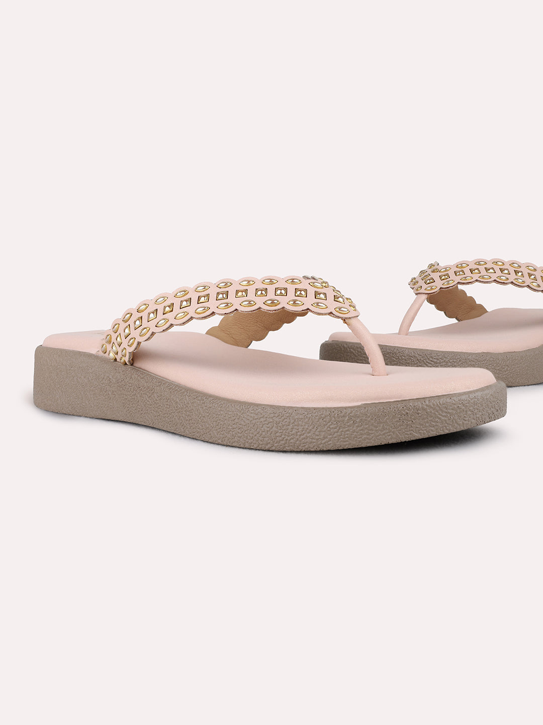 Womens Rose Gold Casual Embellished T-Strap Flat Sandals