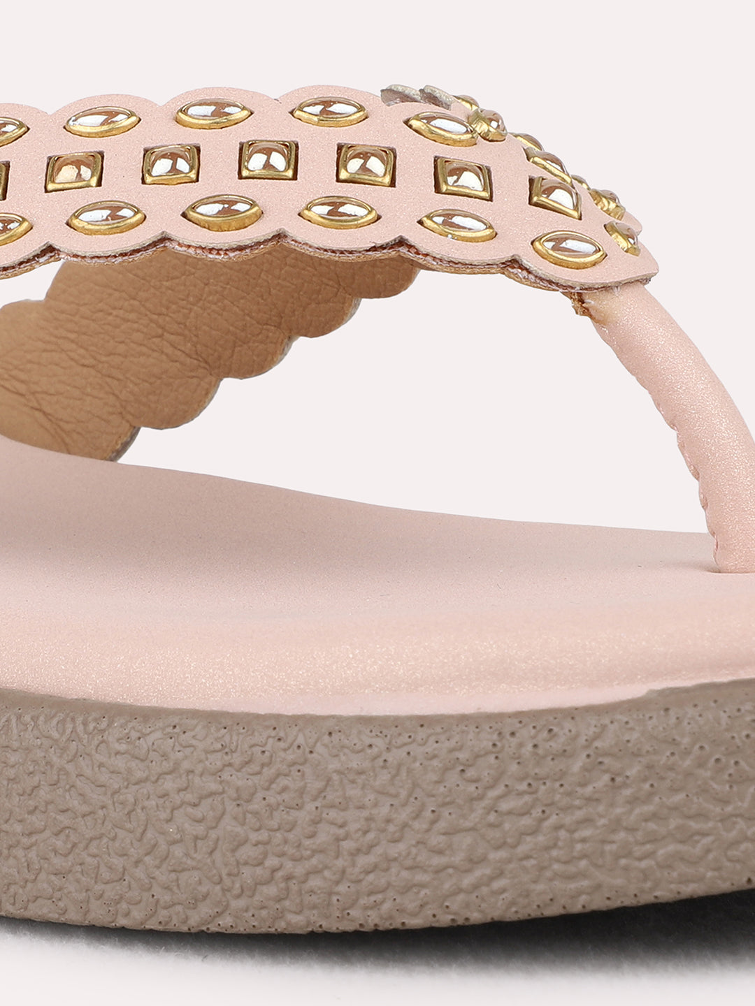 Womens Rose Gold Casual Embellished T-Strap Flat Sandals