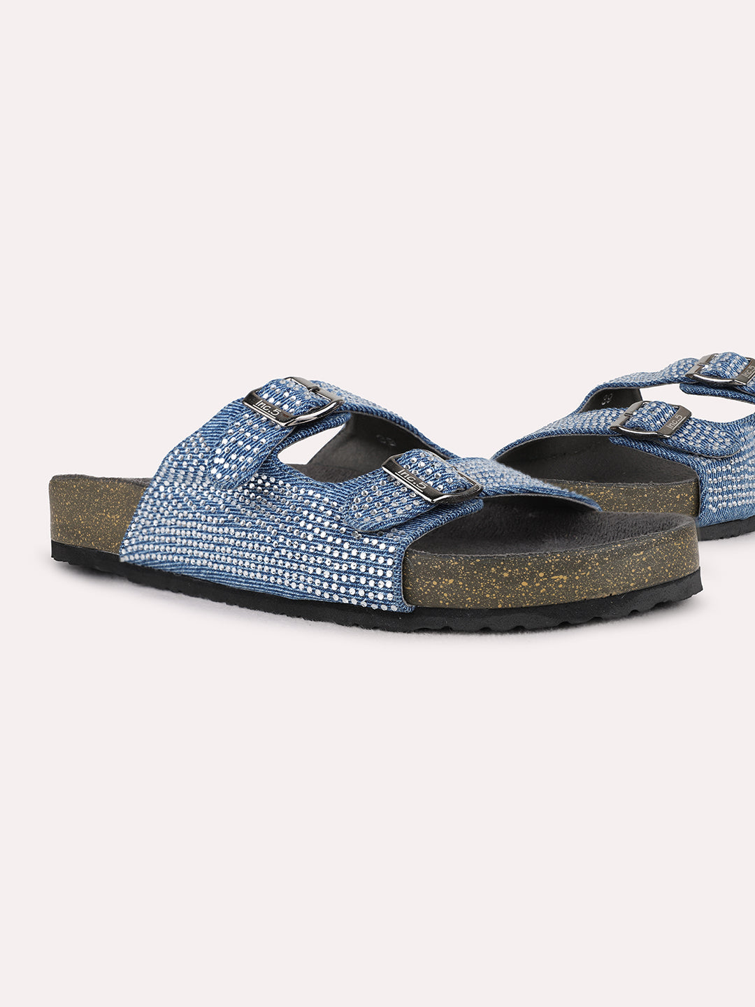 Womens Navy Casual Embellished Open Toe Flat Slip-On Sandals