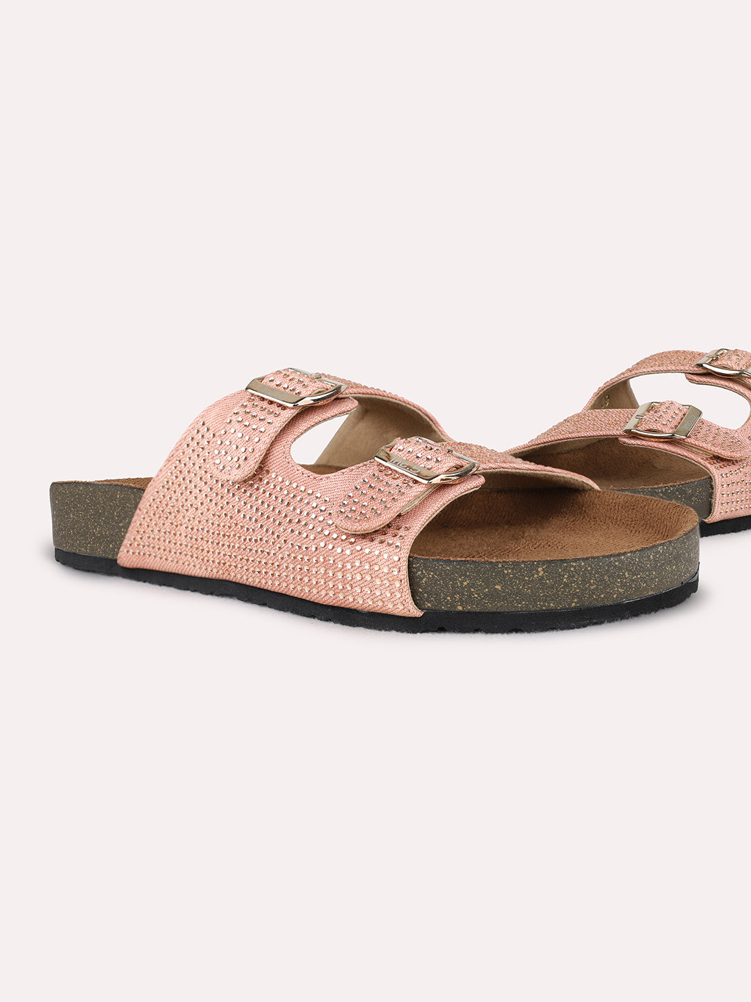 Womens Pink Casual Embellished Open Toe Flat Slip-On Sandals