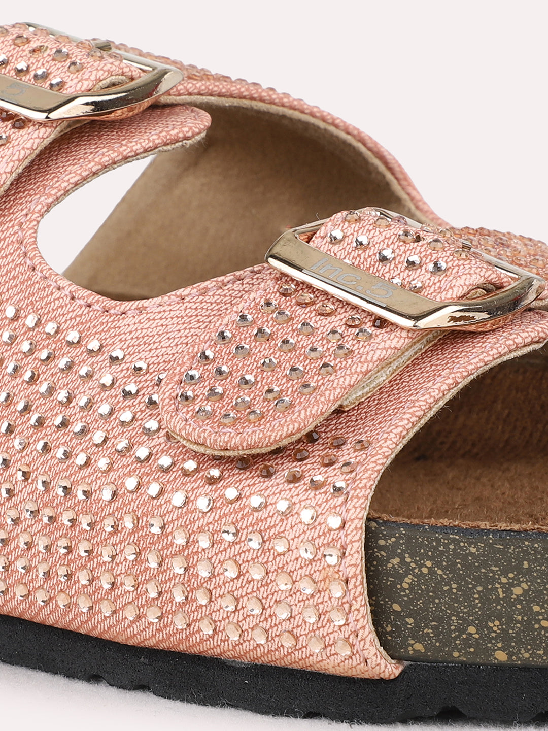 Womens Pink Casual Embellished Open Toe Flat Slip-On Sandals