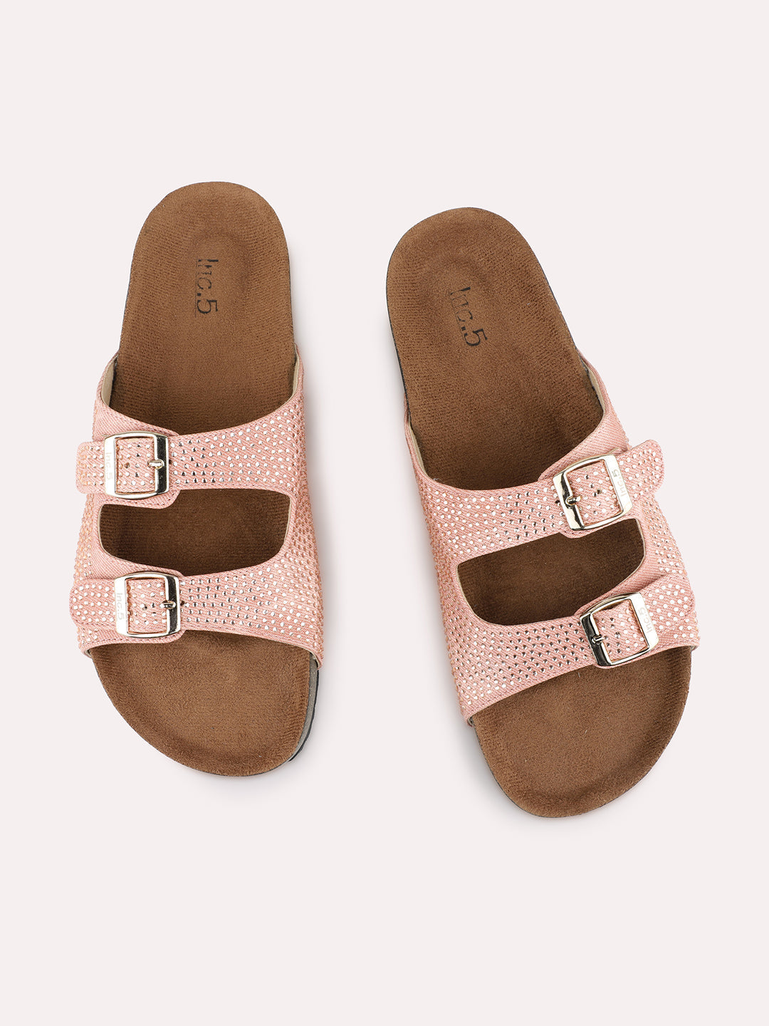 Womens Pink Casual Embellished Open Toe Flat Slip-On Sandals