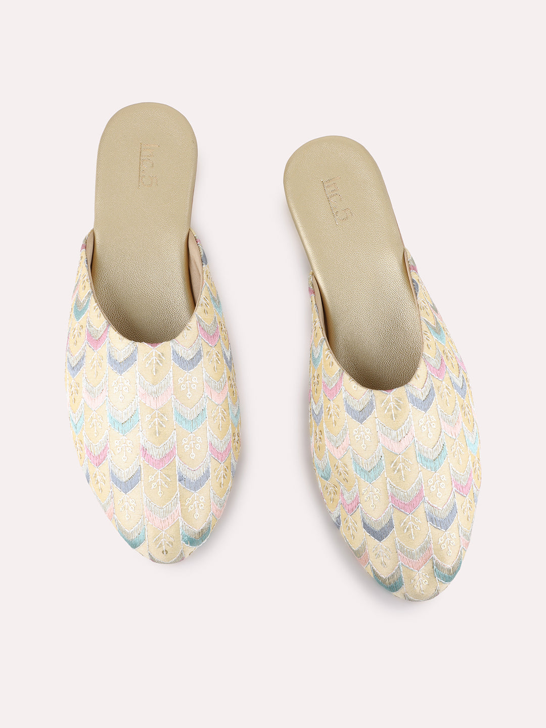 Womens Golden Party Wear Printed One Toe Flat Mules