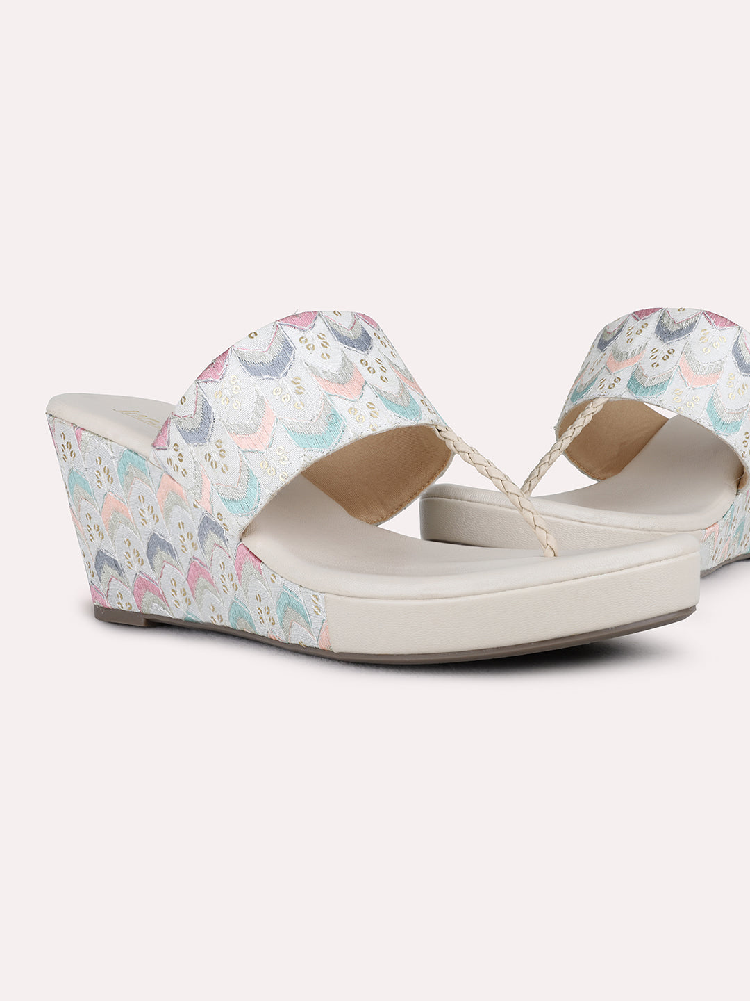 Womens Cream Ethnic Embellished Wedge Heels
