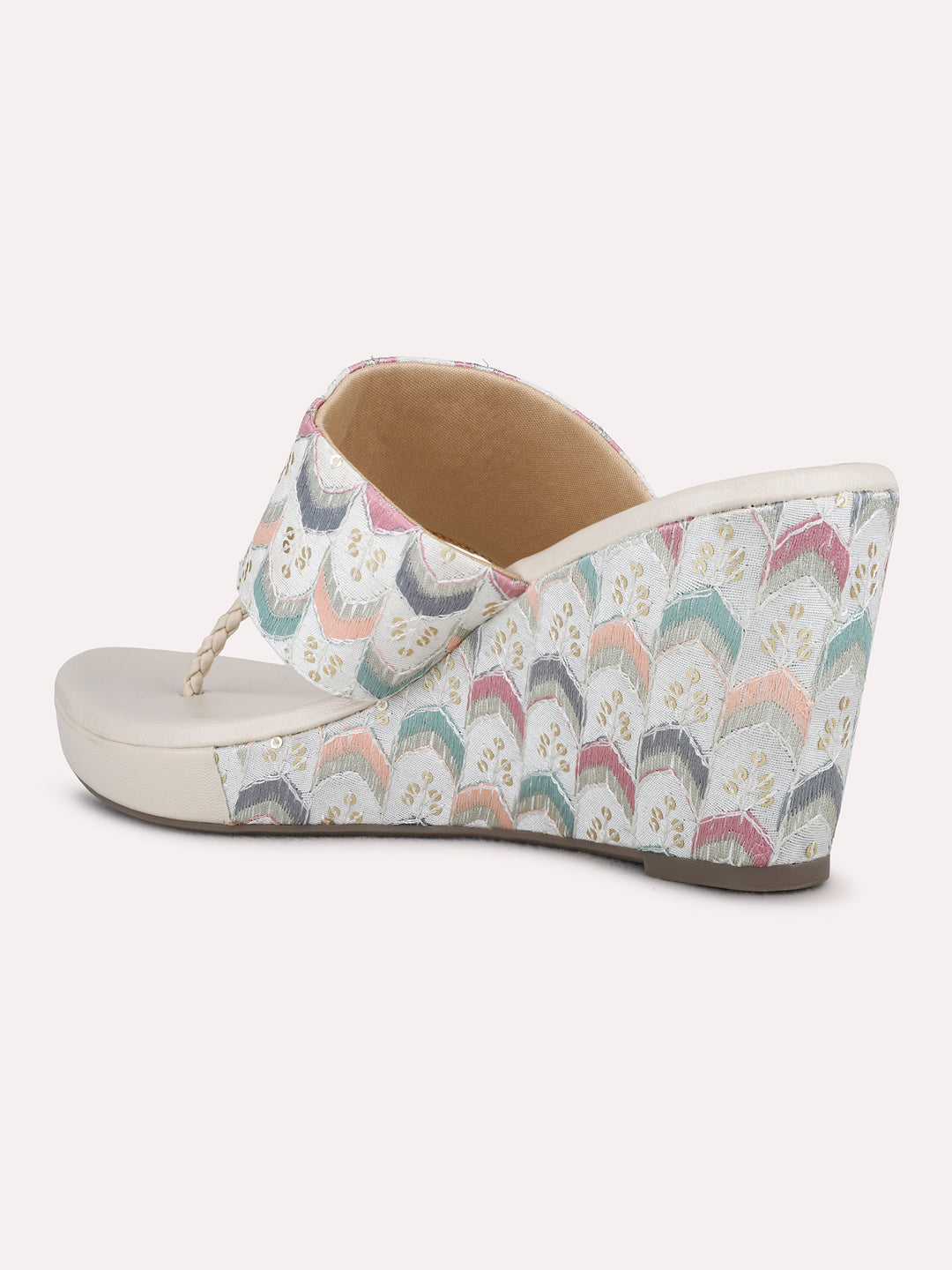 Womens Cream Ethnic Embellished Wedge Heels
