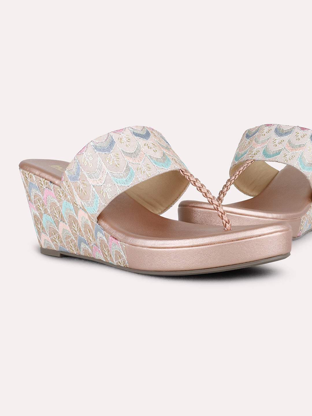 Womens Rose Gold Ethnic Embellished Wedge Heel Sandals