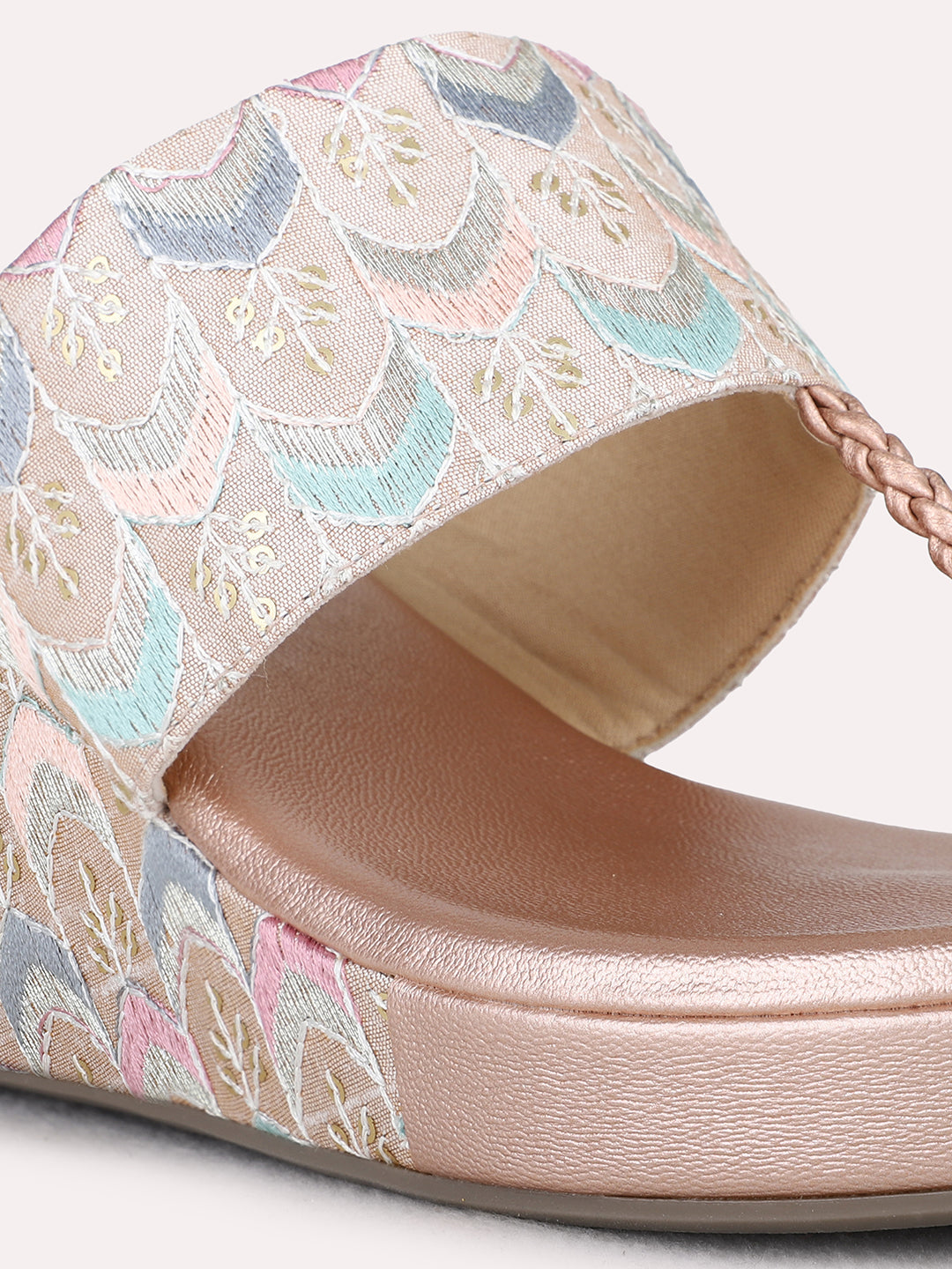 Womens Rose Gold Ethnic Embellished Wedge Heel Sandals