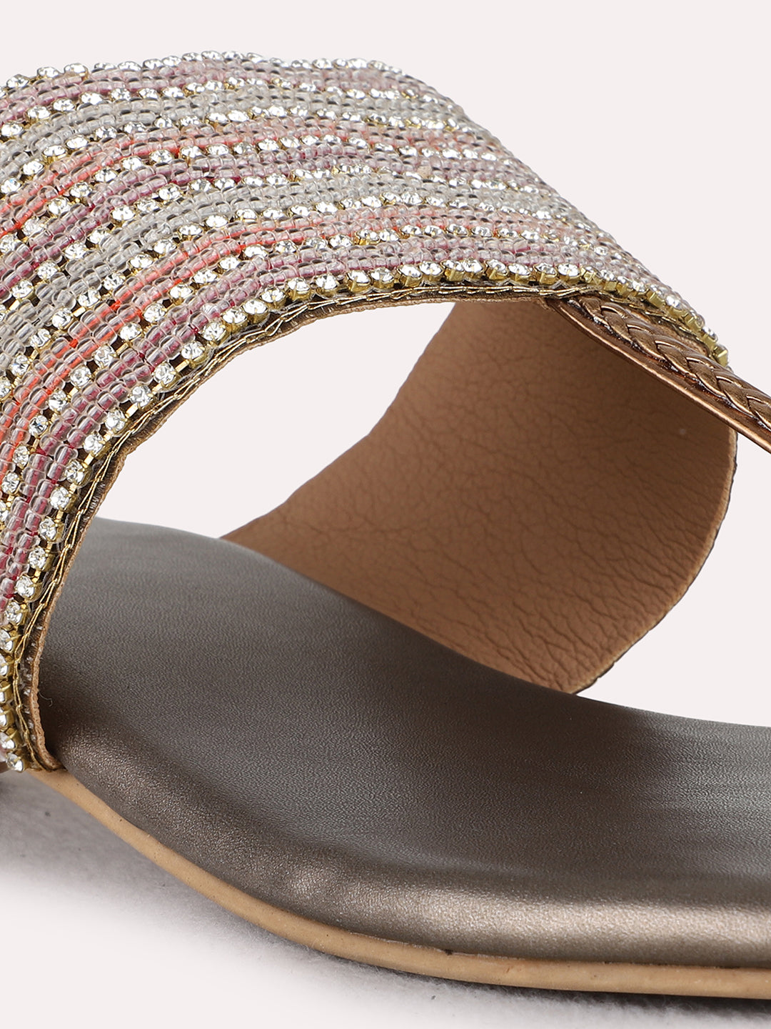 Womens Golden Ethnic Wear Embellished Square Toe Heel Sandals