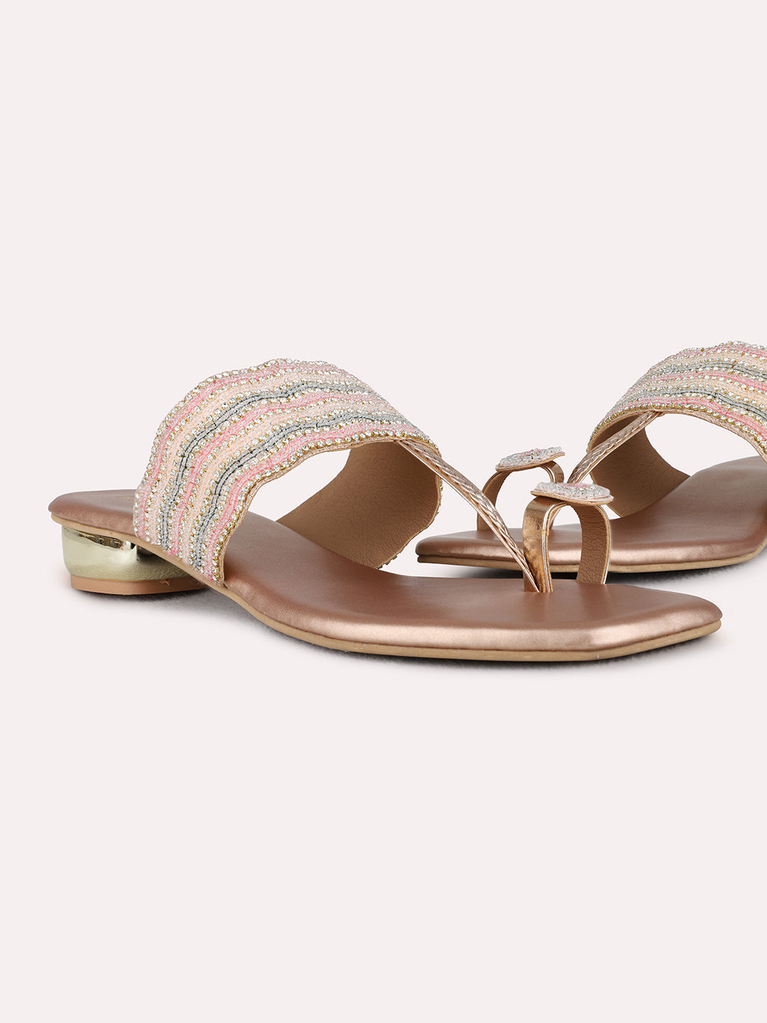 Womens Rose Gold Ethnic Wear Embellished Square Toe Block Heel Sandals