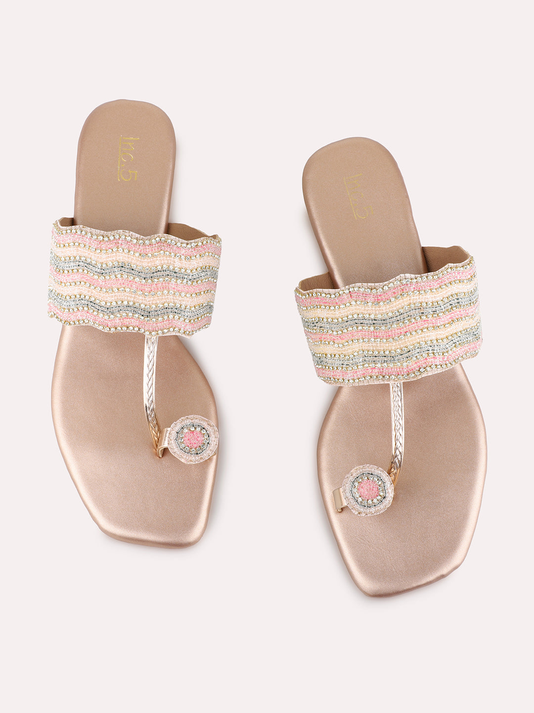 Womens Rose Gold Ethnic Wear Embellished Square Toe Block Heel Sandals