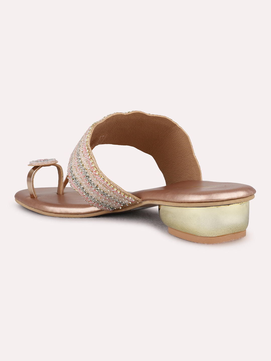 Womens Rose Gold Ethnic Wear Embellished Square Toe Block Heels