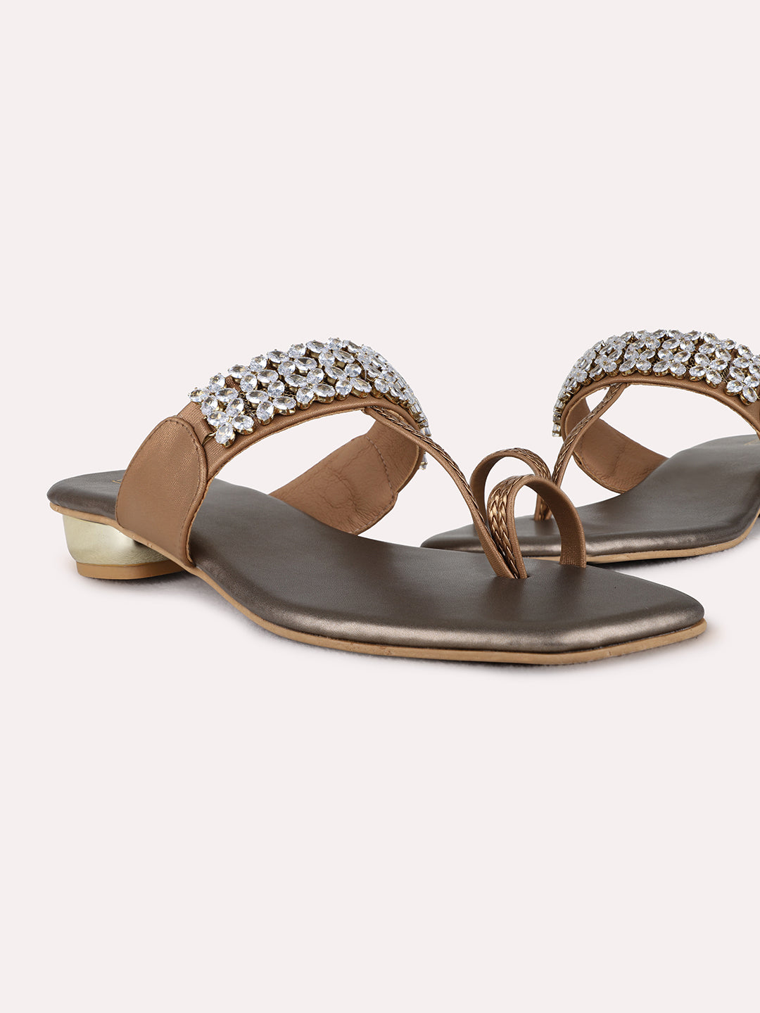 Womens Golden Ethnic Wear Embellished Pattern Square Toe Block Heels