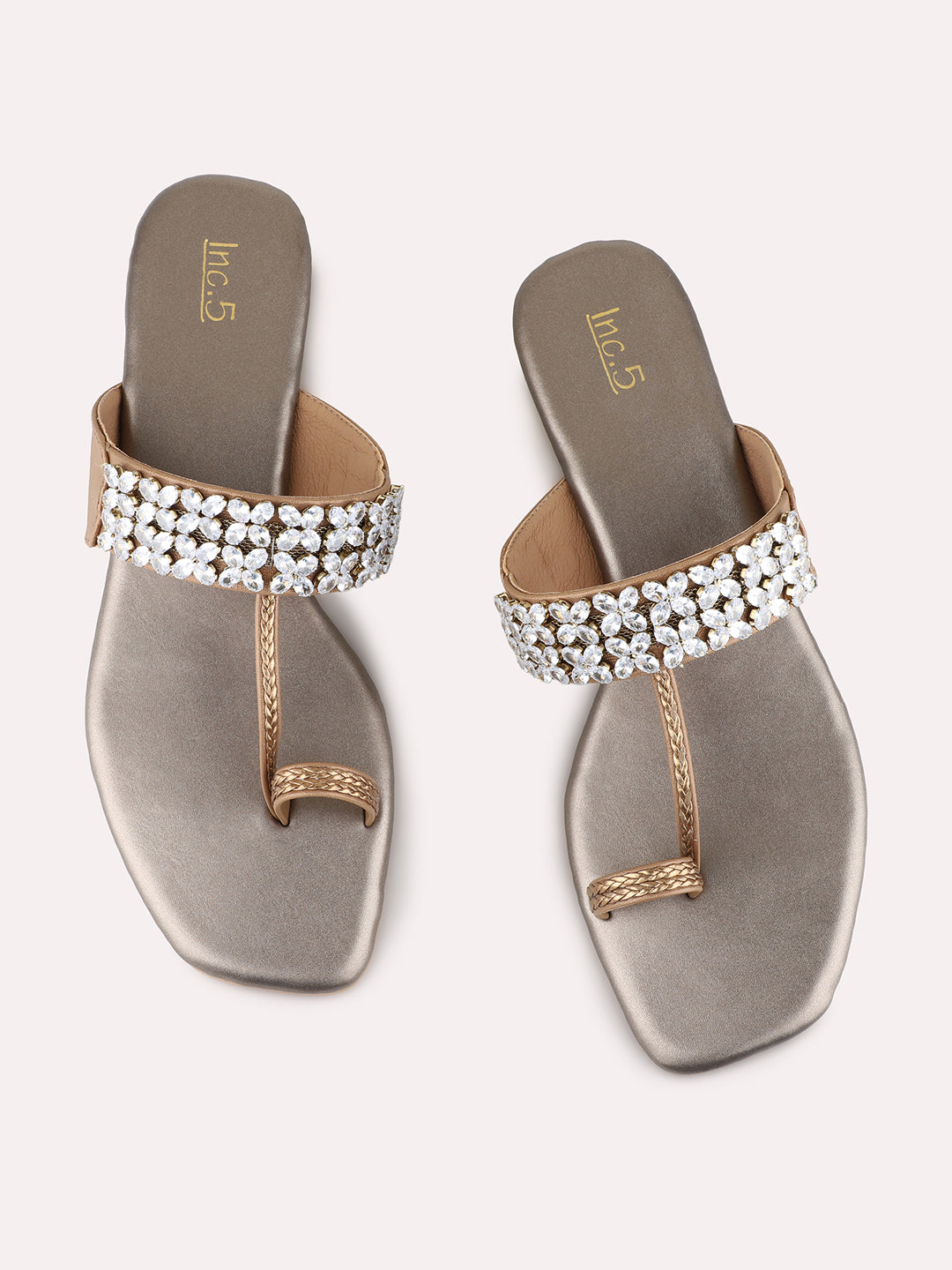 Womens Golden Ethnic Wear Embellished Pattern Square Toe Block Heels