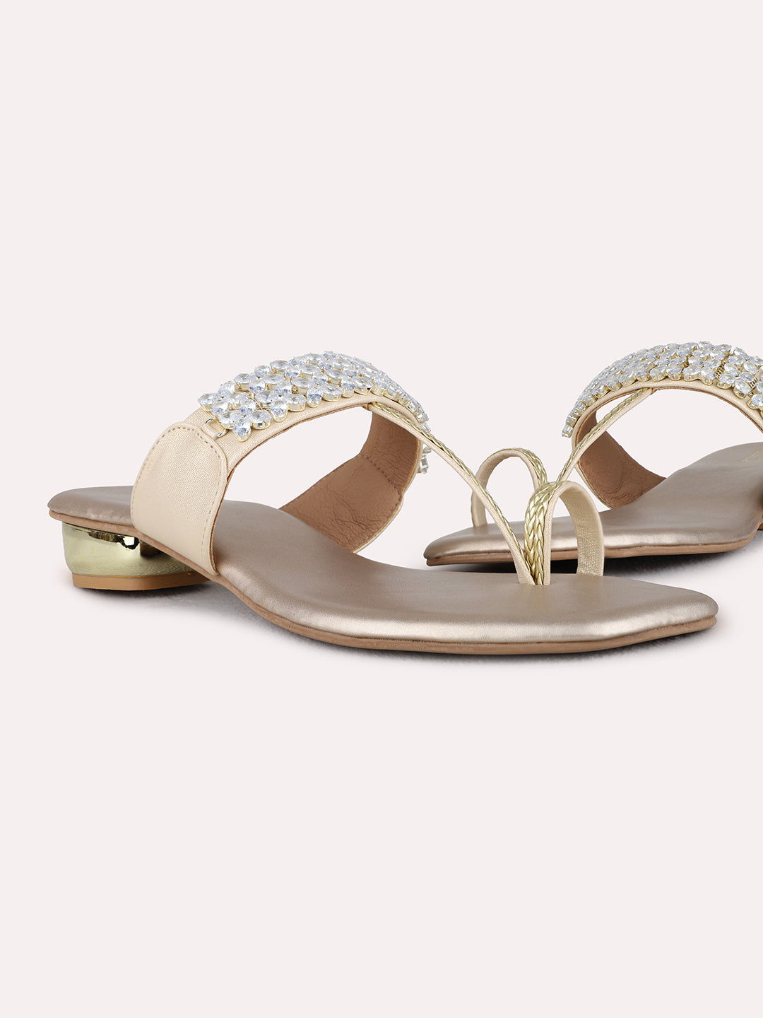 Womens Golden Ethnic Wear Embellished Square Toe Block Heel Sandals