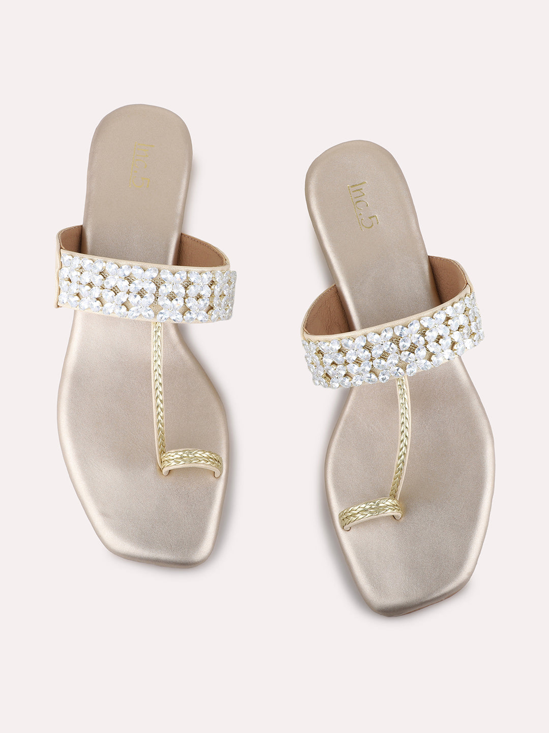 Womens Golden Ethnic Wear Embellished Square Toe Block Heel Sandals