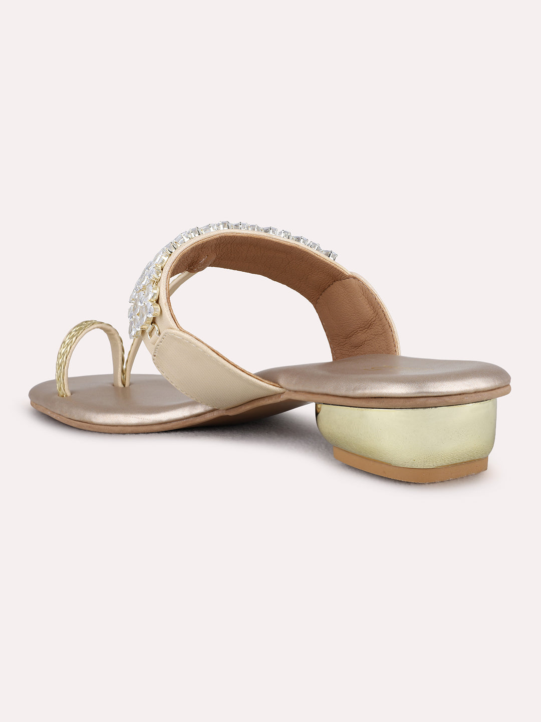 Womens Golden Ethnic Wear Embellished Square Toe Block Heel Sandals