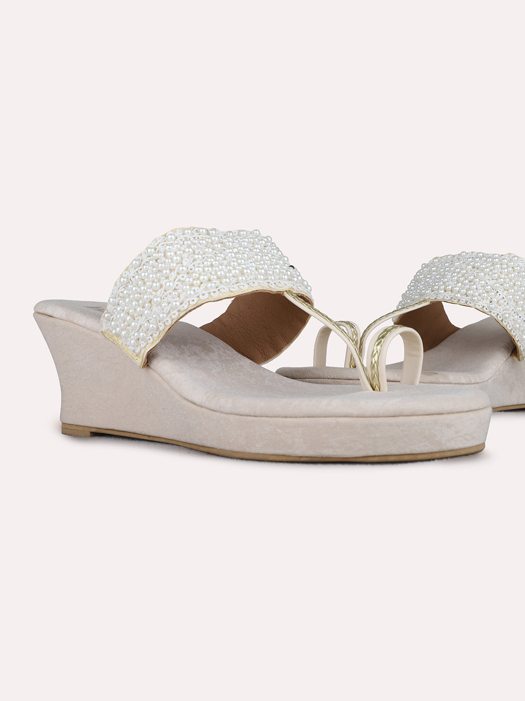 Womens Cream Party Wear Embellished Round Toe Wedge Heels