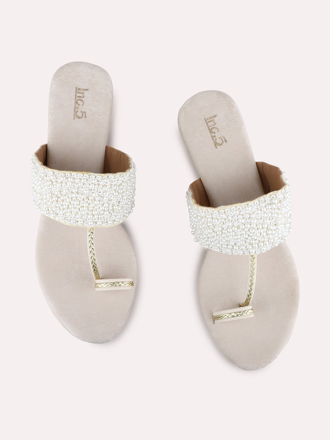 Womens Cream Party Wear Embellished Round Toe Wedge Heels