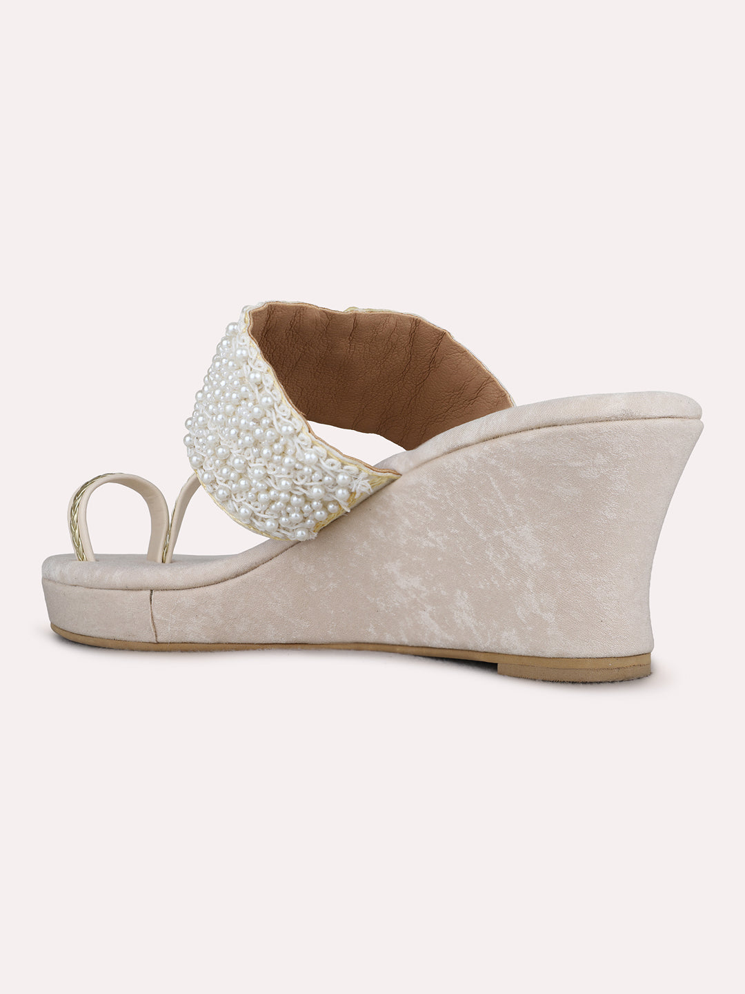 Womens Cream Party Wear Embellished Round Toe Wedge Heels