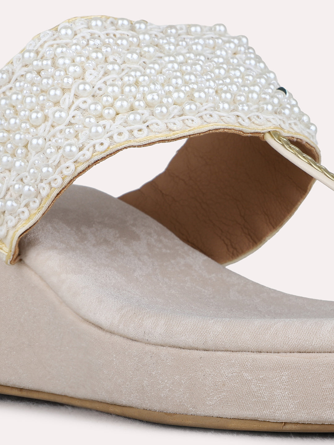 Womens Cream Party Wear Embellished Round Toe Wedge Heels