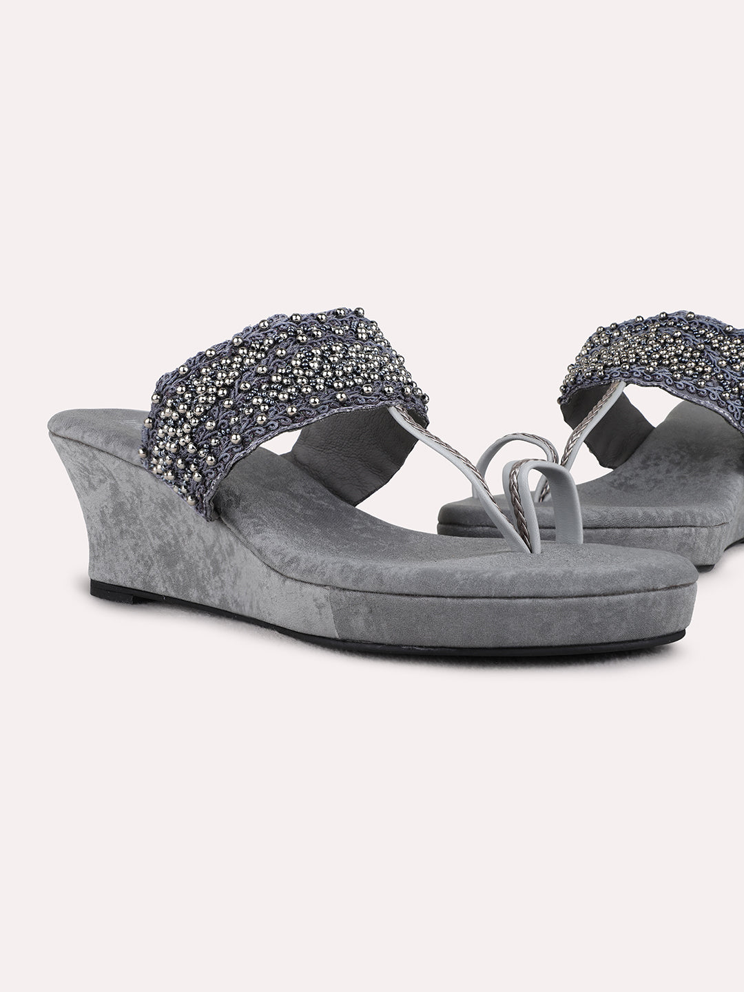 Womens Grey Ethnic Wear Embellished Round Toe Wedge Heel Sandals