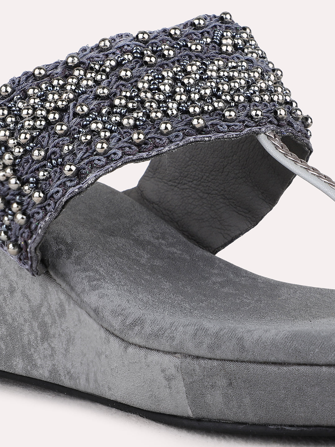 Womens Grey Ethnic Wear Embellished Round Toe Wedge Heel Sandals