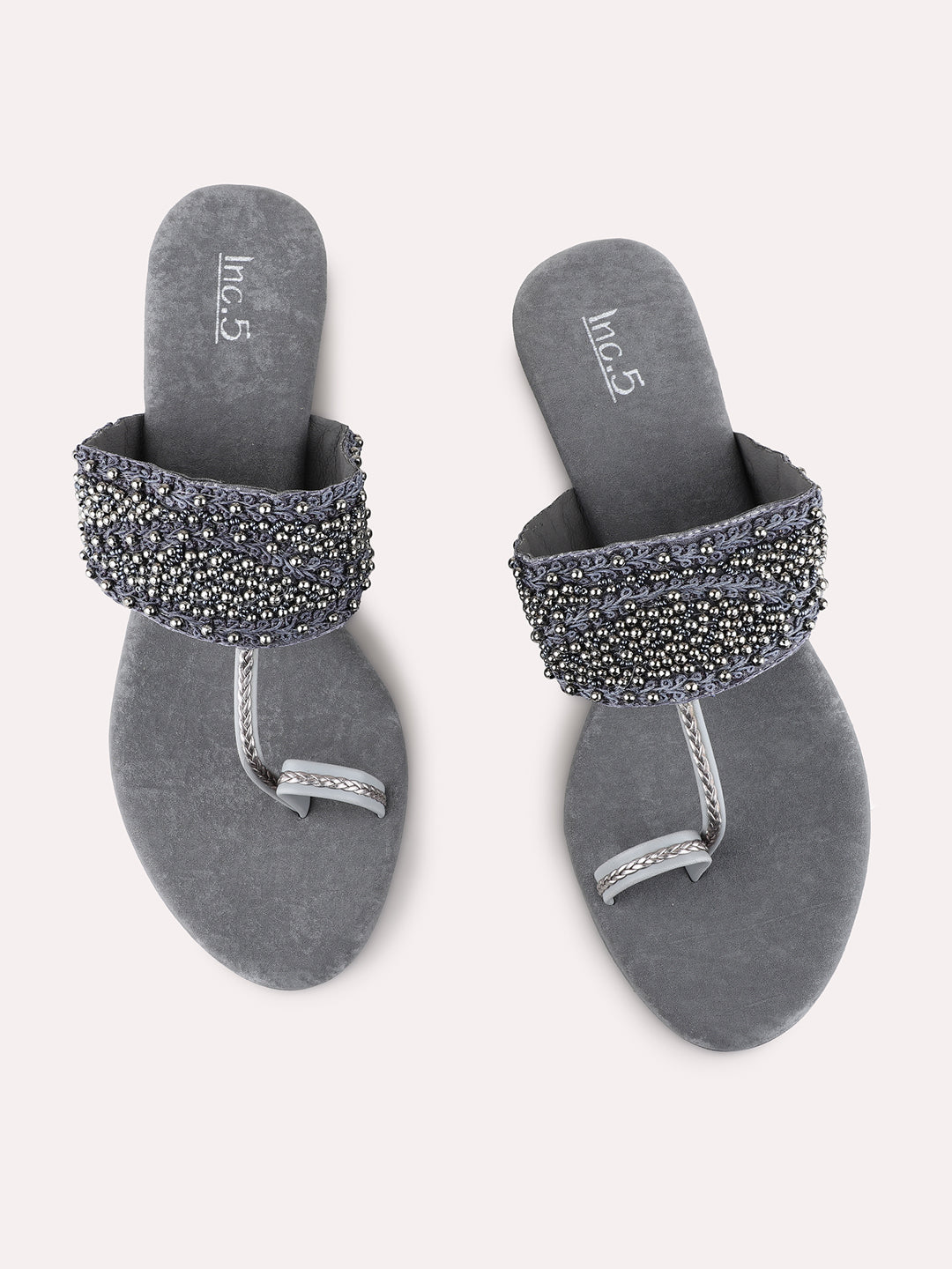 Womens Grey Ethnic Wear Embellished Round Toe Wedge Heel Sandals