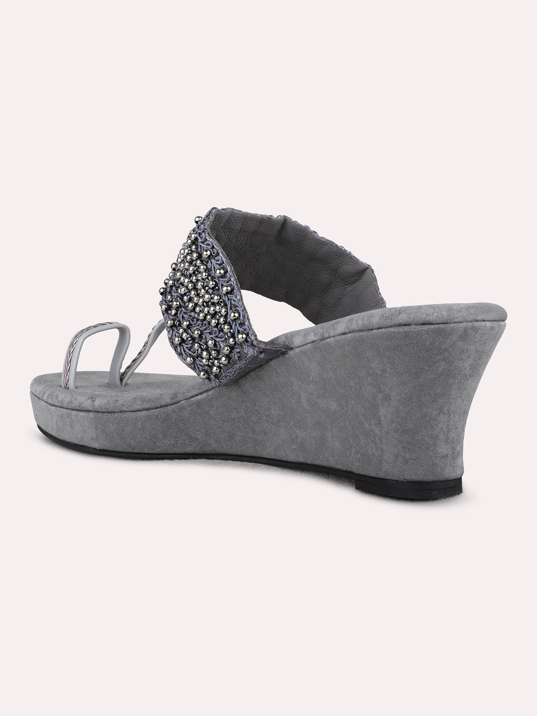 Womens Grey Ethnic Wear Embellished Round Toe Wedge Heel Sandals