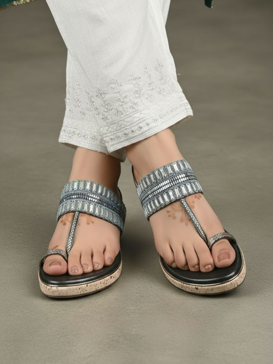 Womens Pewter Ethnic Embellished One Toe Flat Slip-Ons