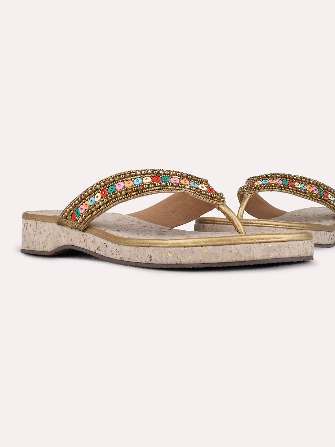 Womens Golden Ethnic Embellished Pattern T-Strap Flat Sandals