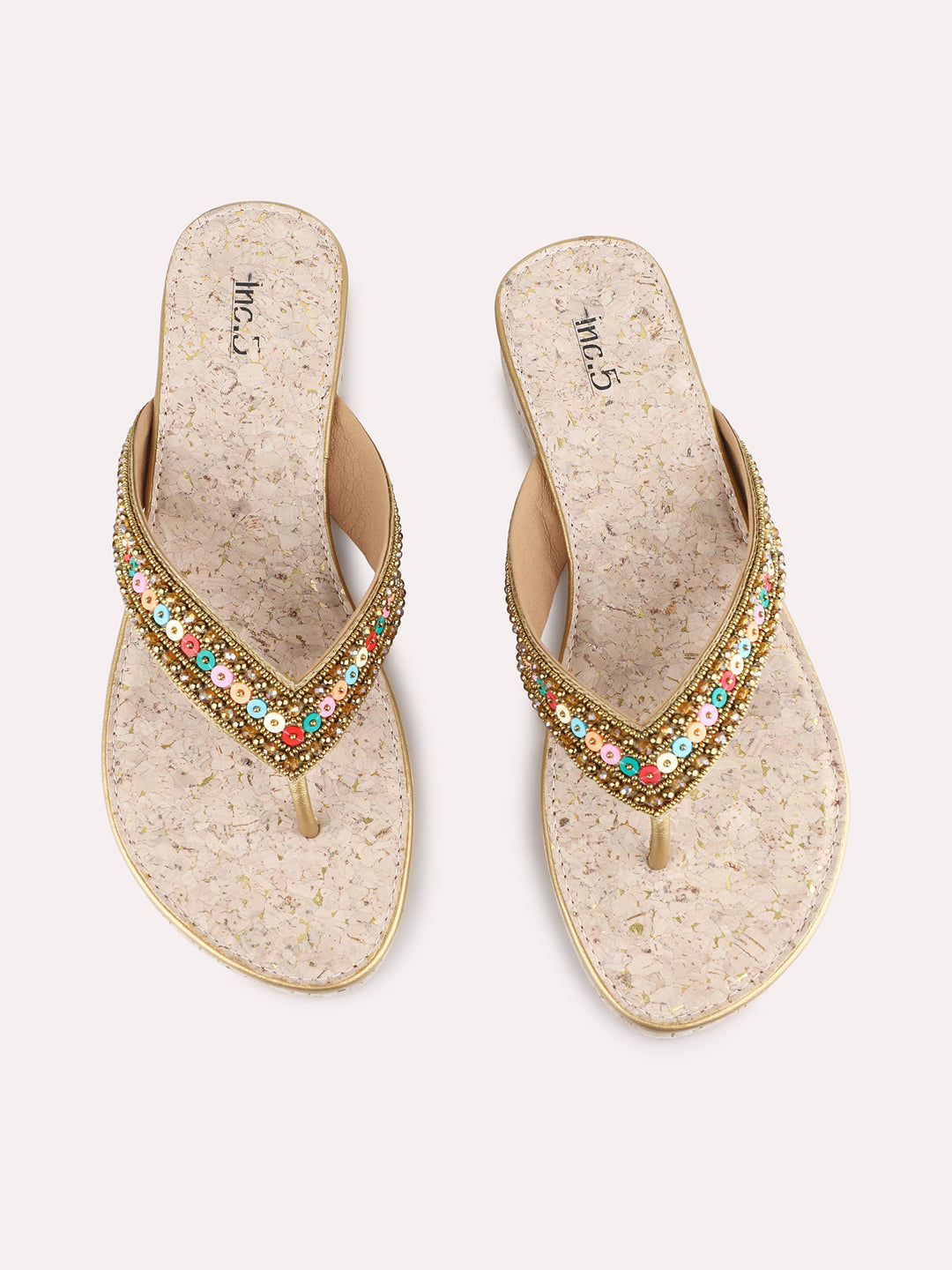 Womens Golden Ethnic Embellished Pattern T-Strap Flats