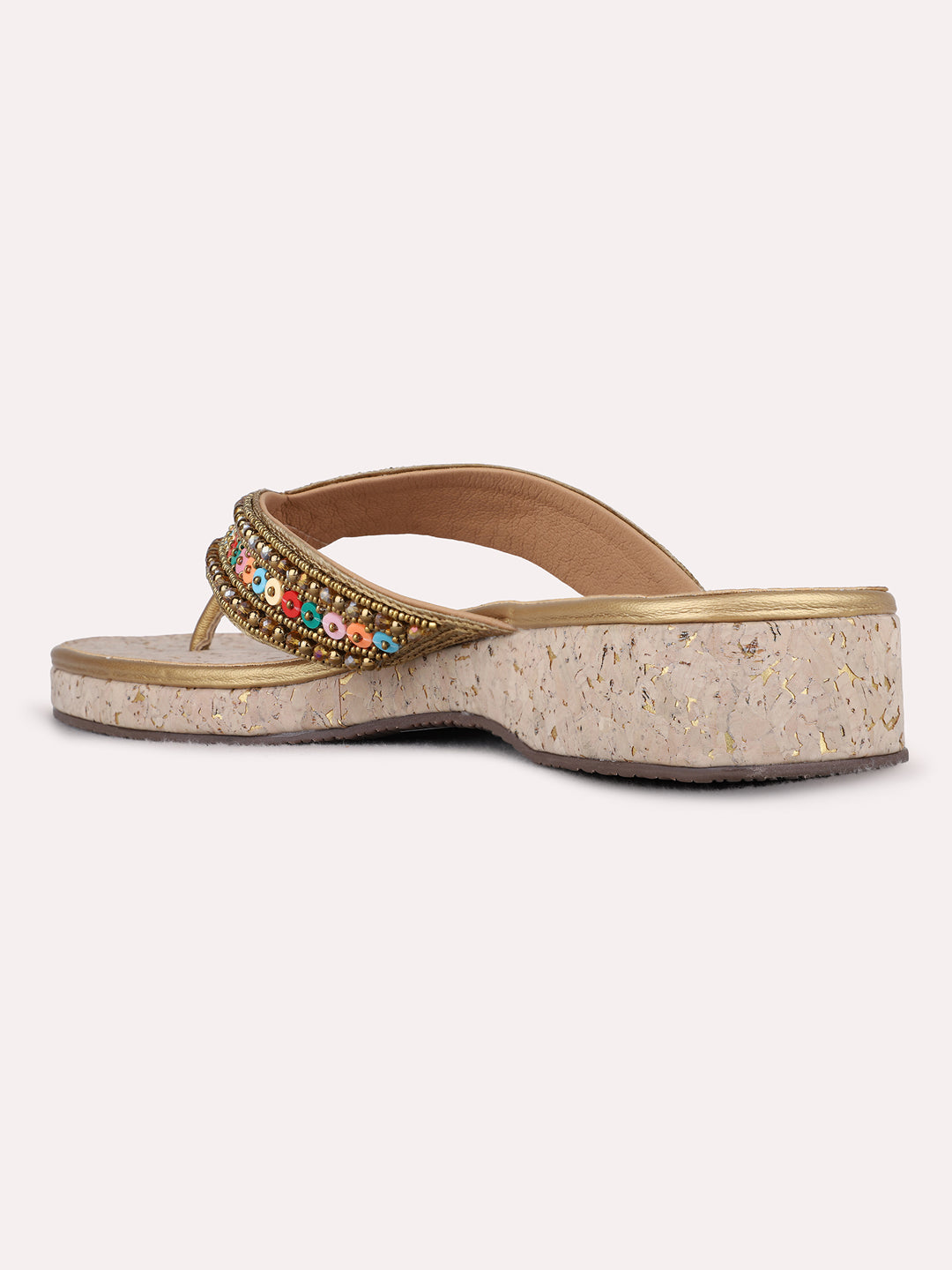 Womens Golden Ethnic Embellished Pattern T-Strap Flats