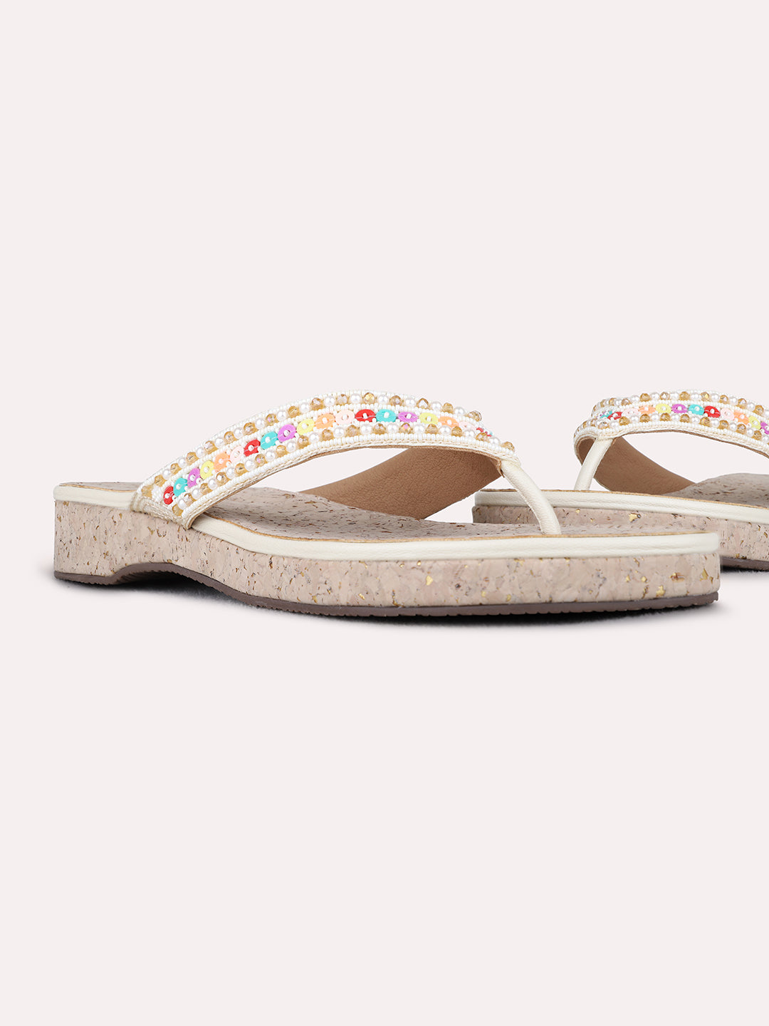 Womens Cream Ethnic Embellished T-Strap Flat Slip-On Sandals