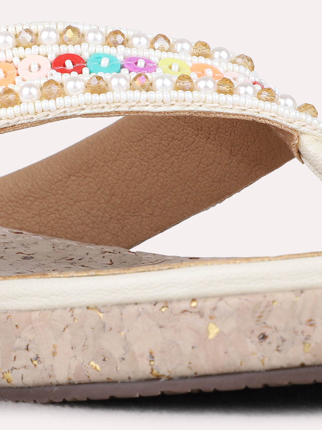 Womens Cream Ethnic Embellished T-Strap Flats