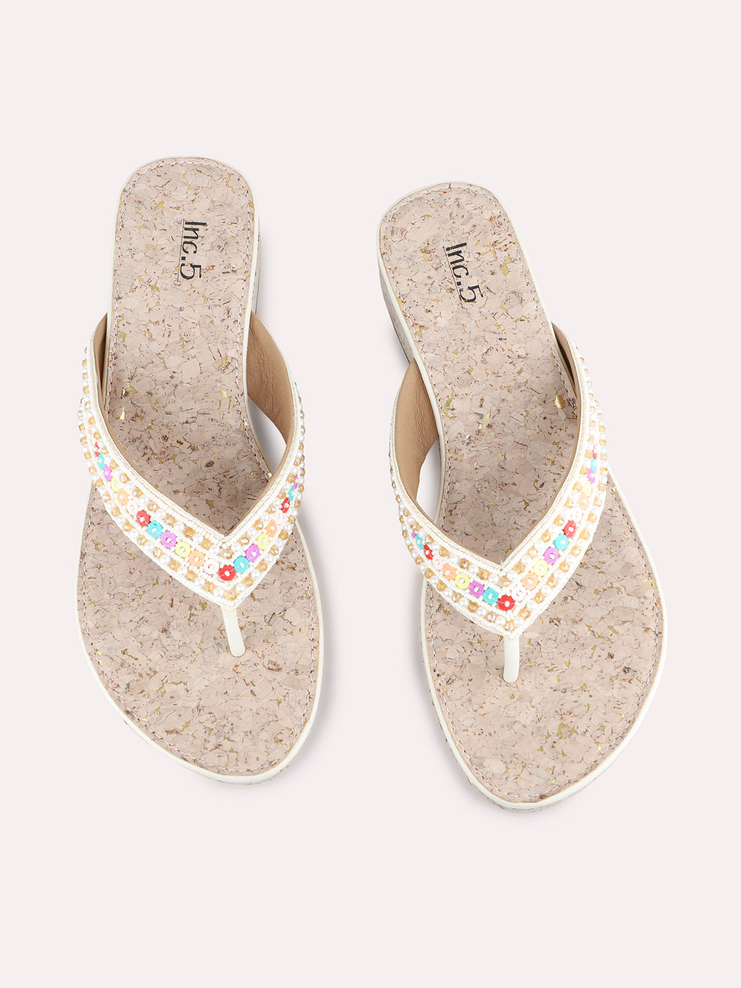 Womens Cream Ethnic Embellished T-Strap Flats
