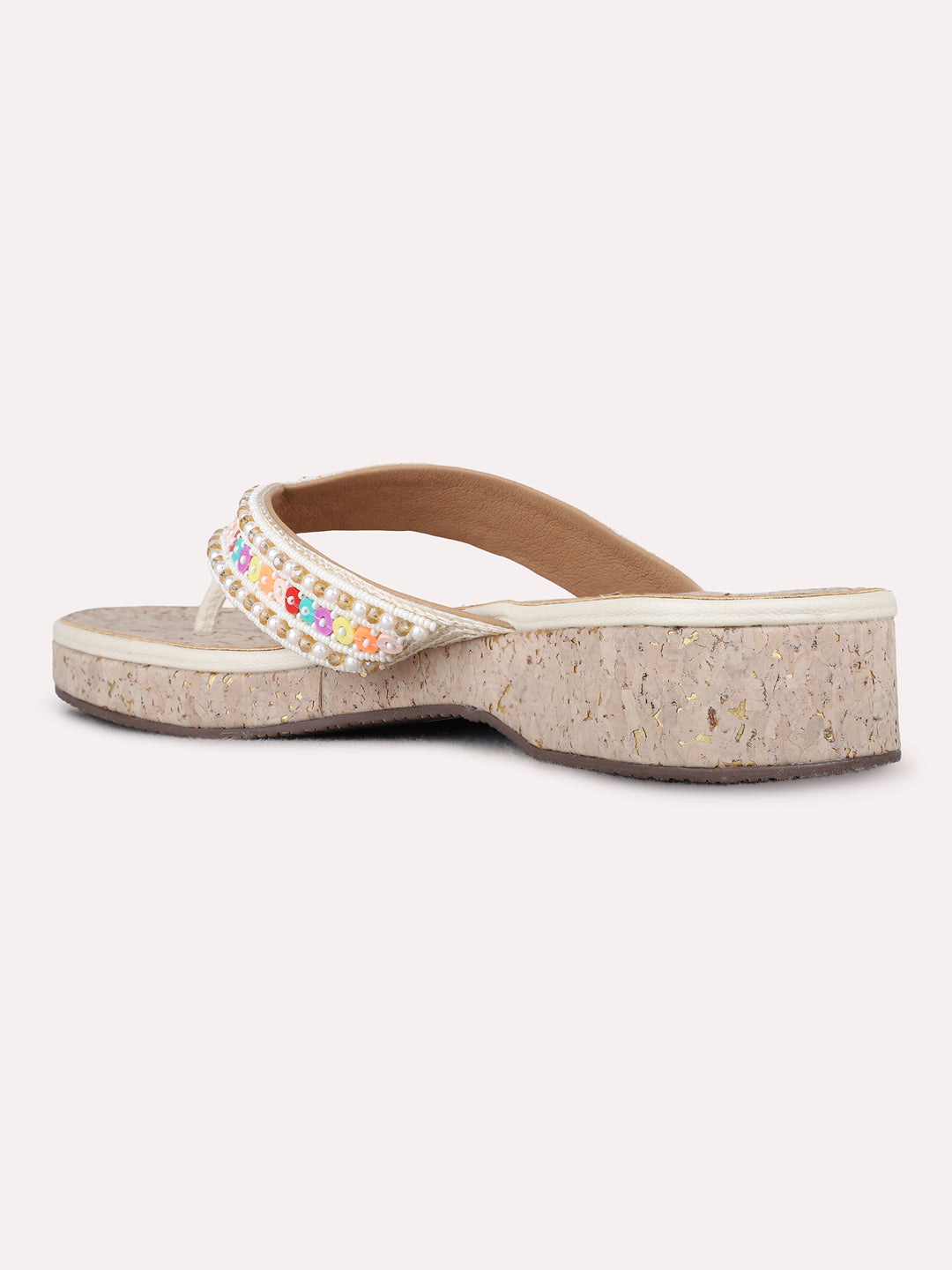 Womens Cream Ethnic Embellished T-Strap Flats