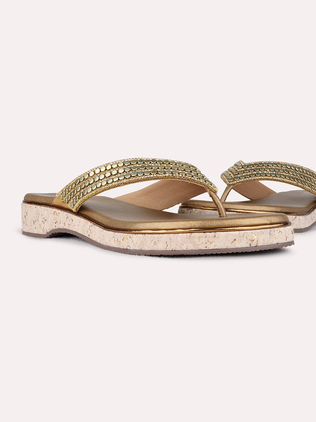Womens Golden Ethnic Embellished T-Strap Flats