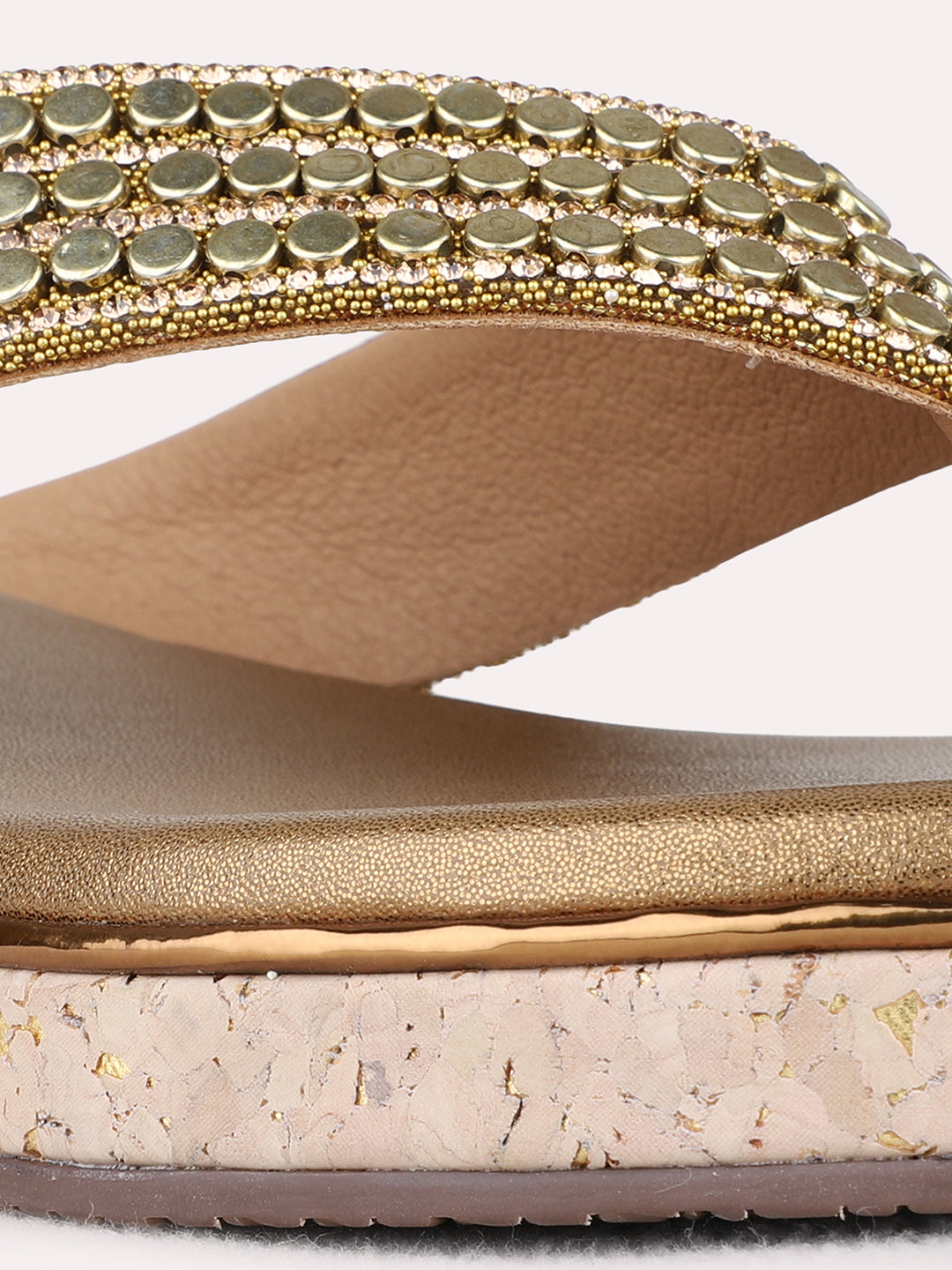 Womens Golden Ethnic Embellished T-Strap Flats