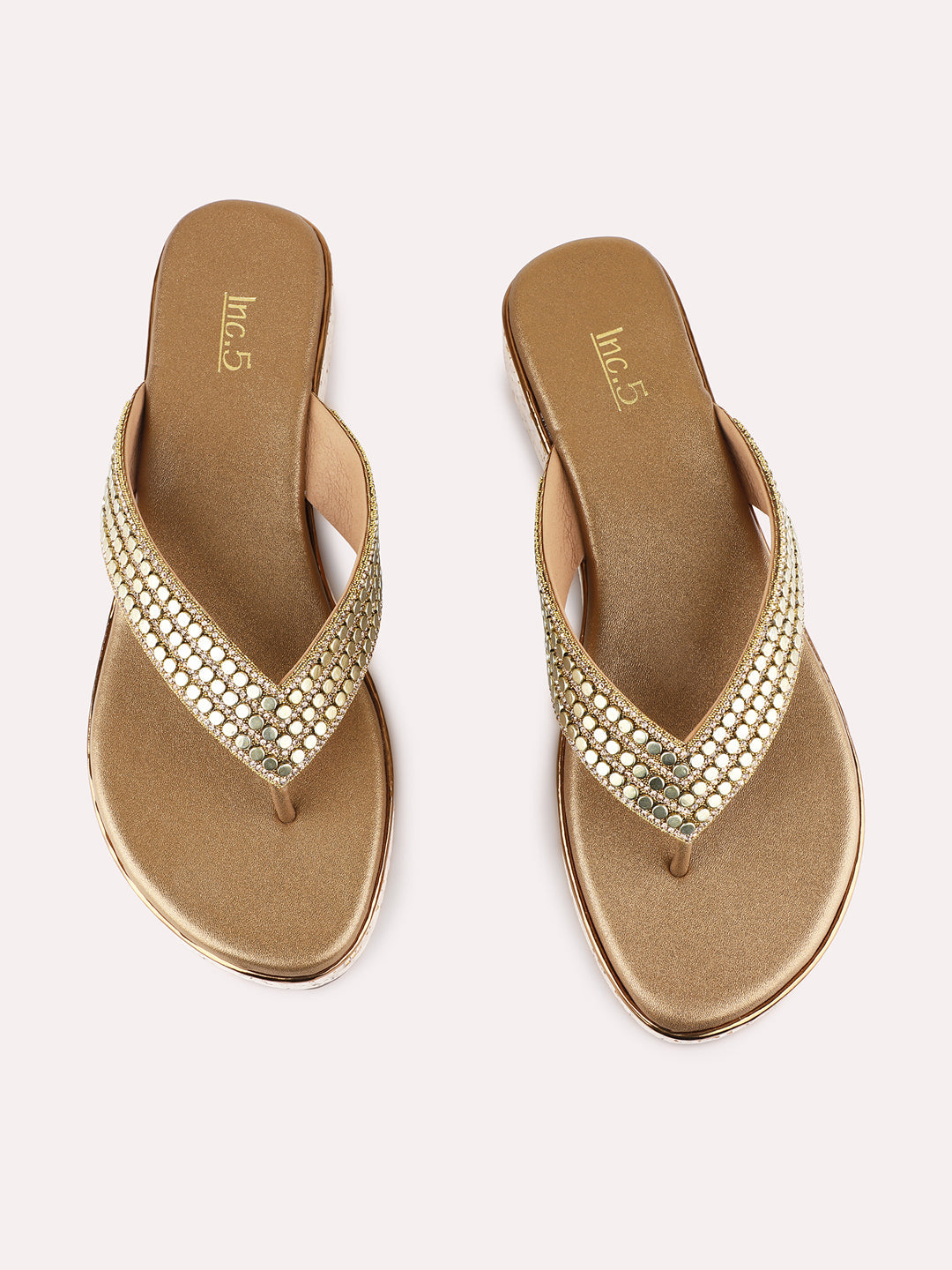 Womens Golden Ethnic Embellished T-Strap Flats