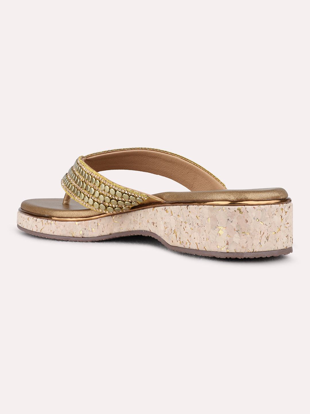 Womens Golden Ethnic Embellished T-Strap Flats