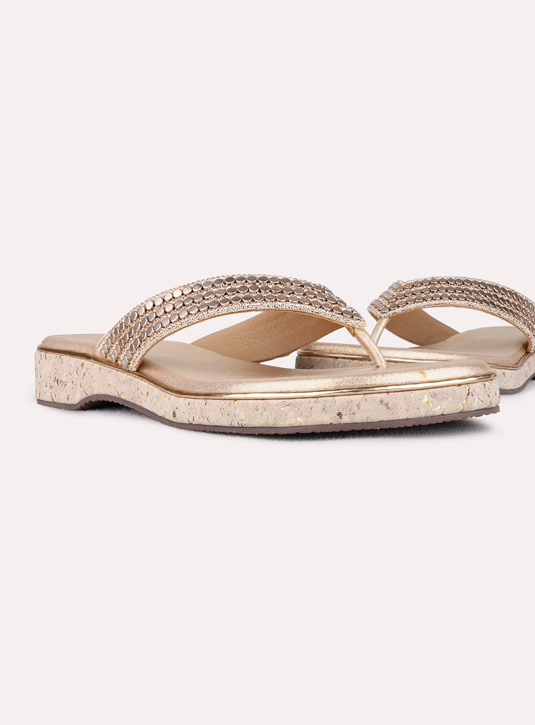 Womens Rose Gold Ethnic Embellished T-Strap Flat Sandals