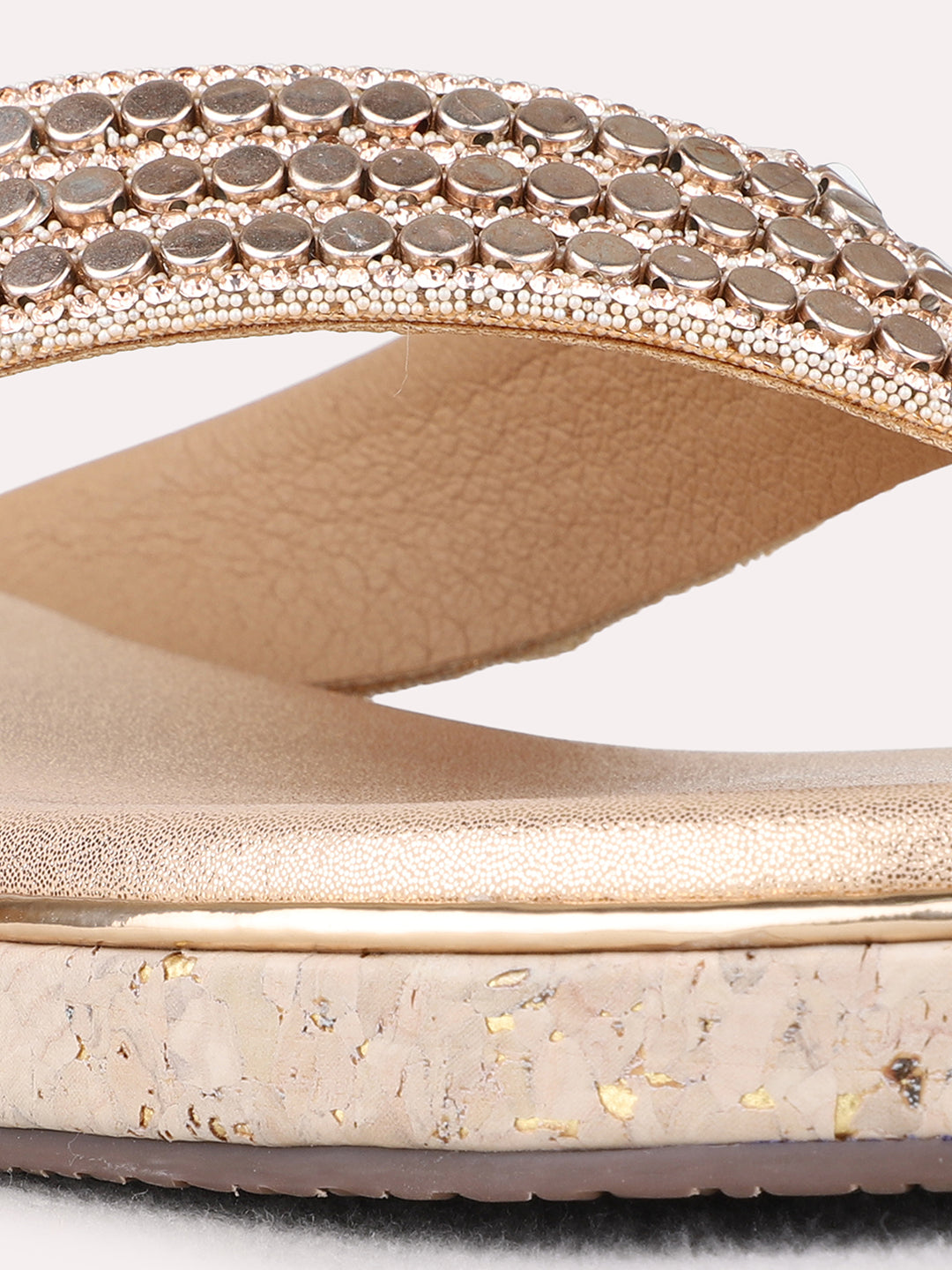 Womens Rose Gold Ethnic Embellished T-Strap Flat Sandals