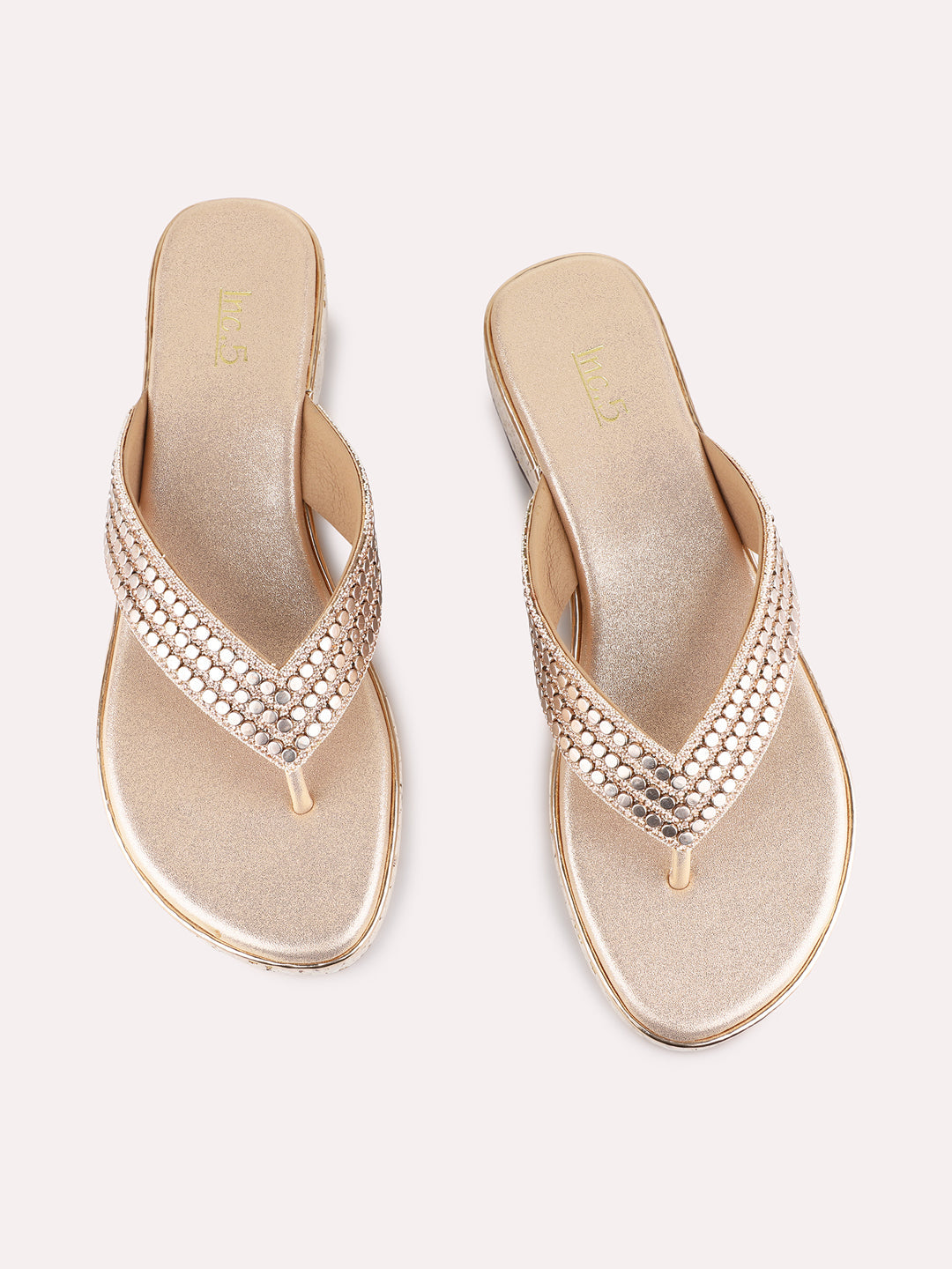 Womens Rose Gold Ethnic Embellished T-Strap Flat Sandals