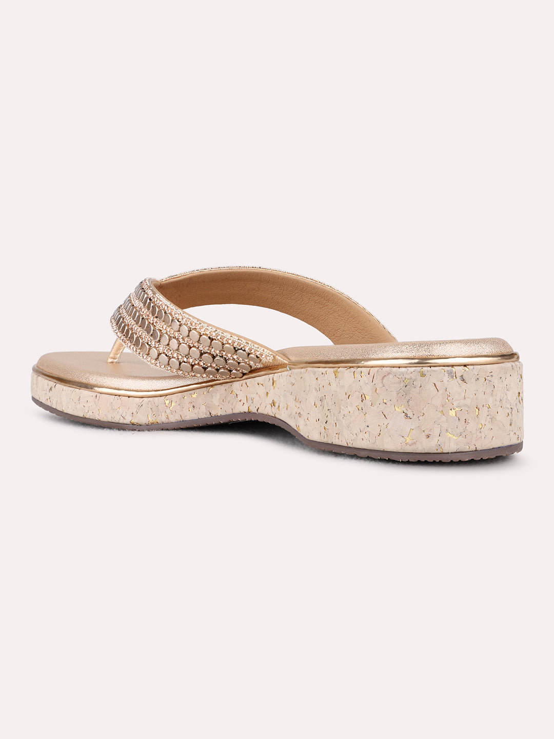 Womens Rose Gold Ethnic Embellished T-Strap Flat Sandals