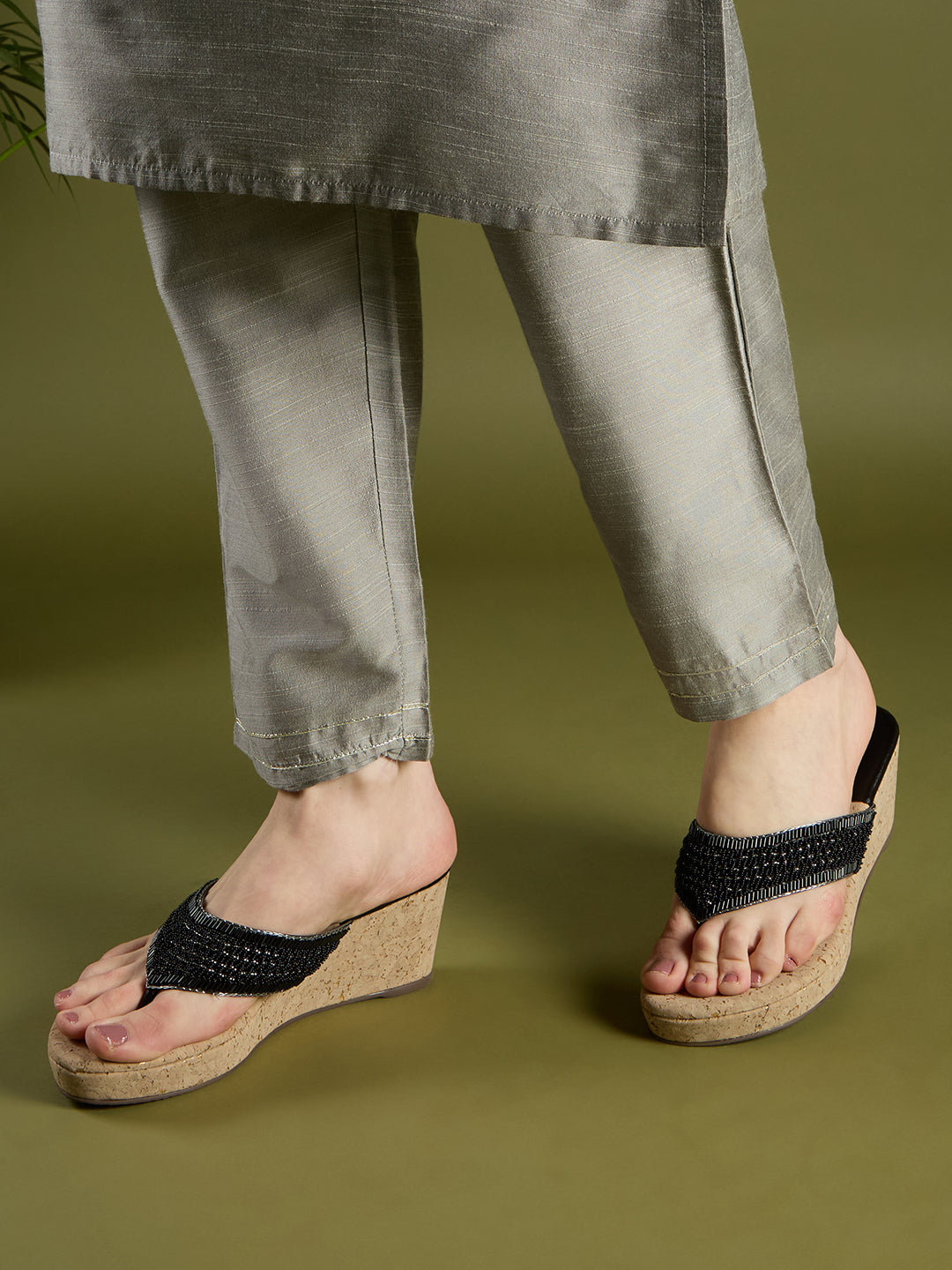 Womens Black Ethnic Embellished Round Toe Wedge Heels