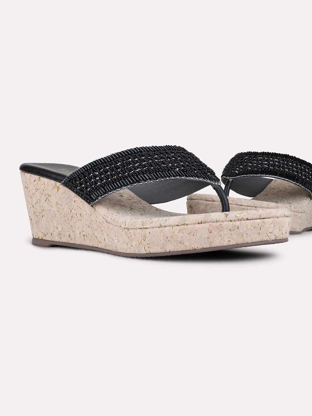Womens Black Ethnic Embellished Round Toe Wedge Heels
